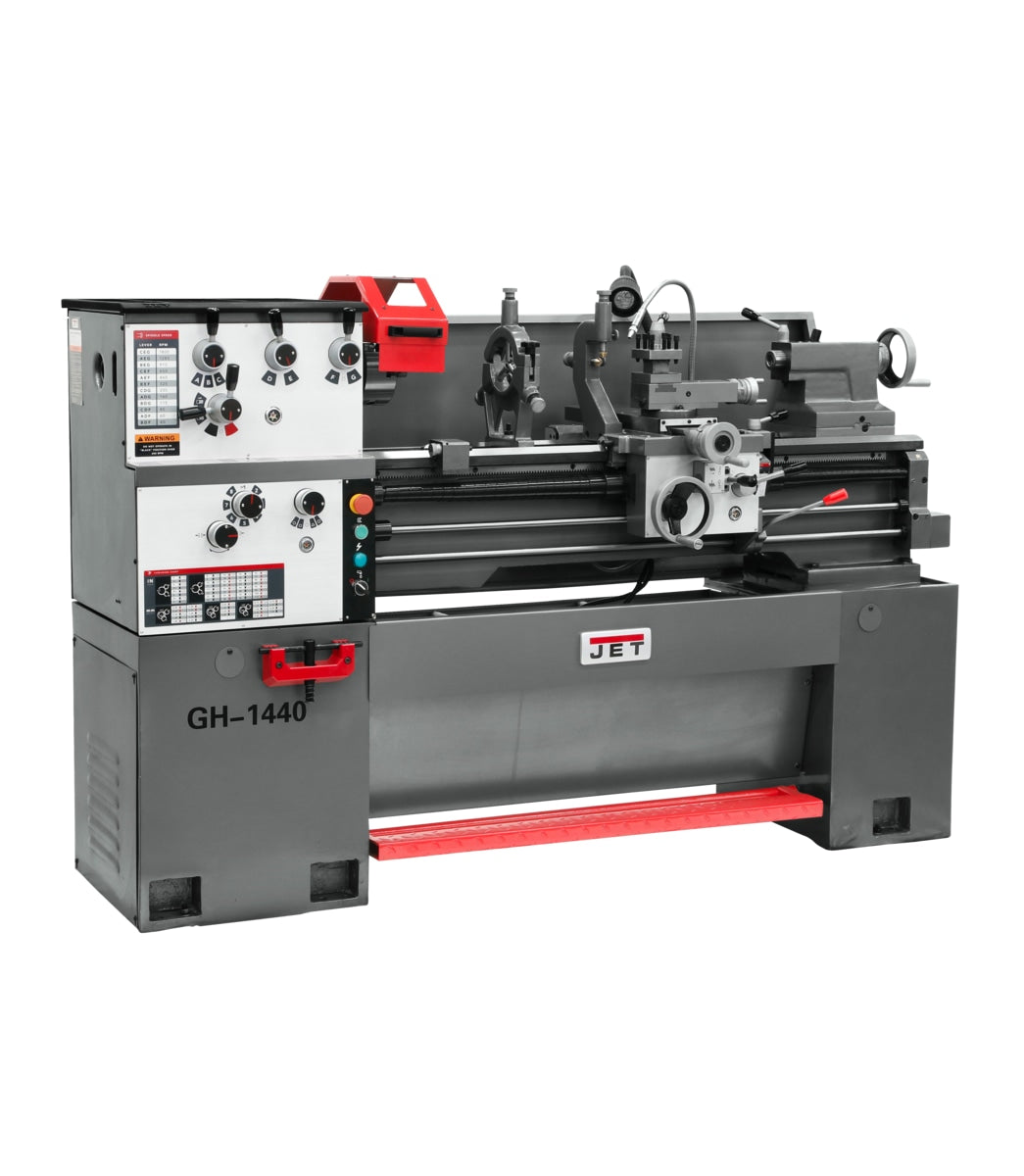 Jet Tools 14" x 40" Bench Lathe: GH-1440-1 Lathe with Newall DP700 DRO, Collet Closer and Taper Attachment JT9-323385 right facing machine
