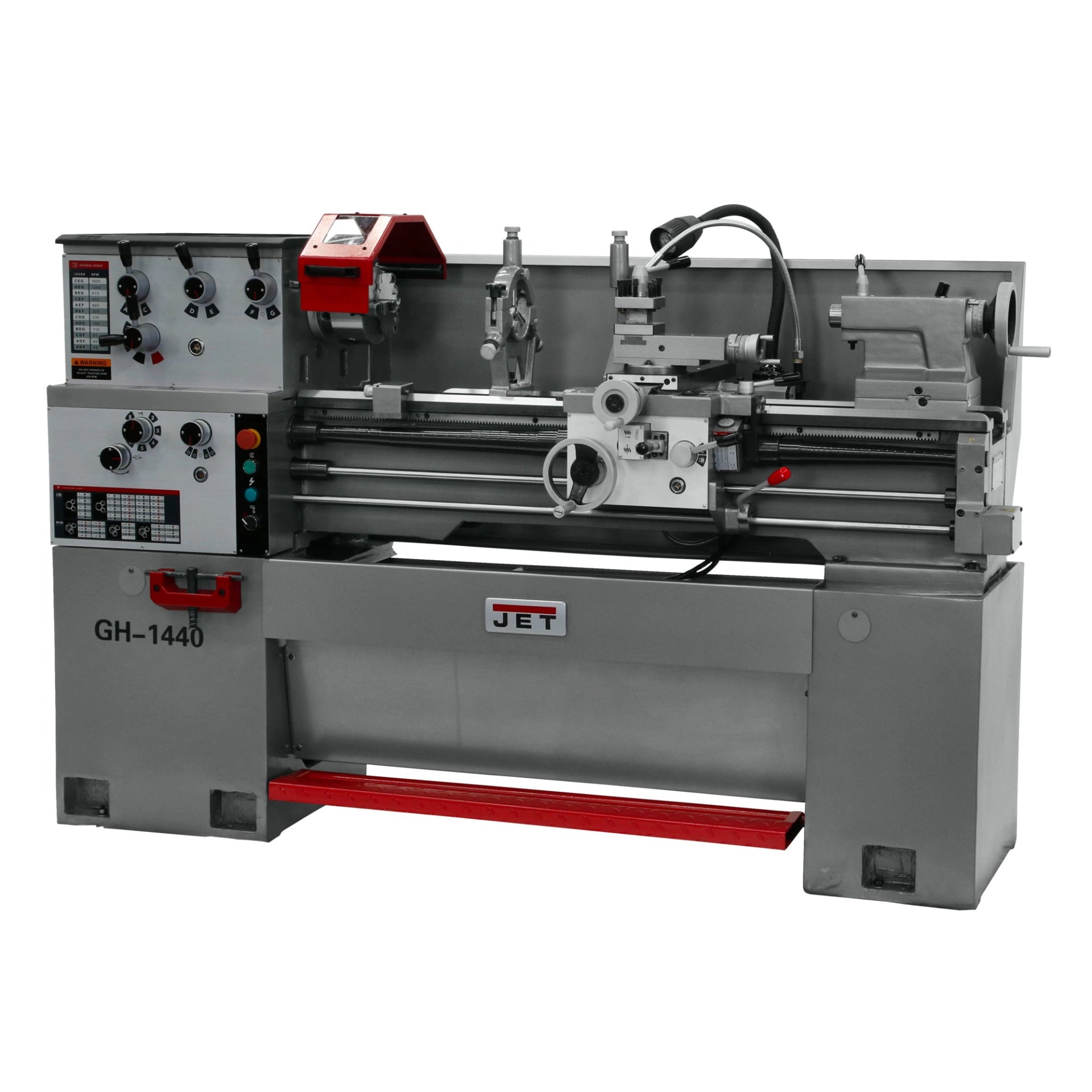 Jet Tools 14" x 40" Bench Lathe: GH-1440-1 Lathe with Newall DP700 DRO, Collet Closer and Taper Attachment JT9-323385 left side view