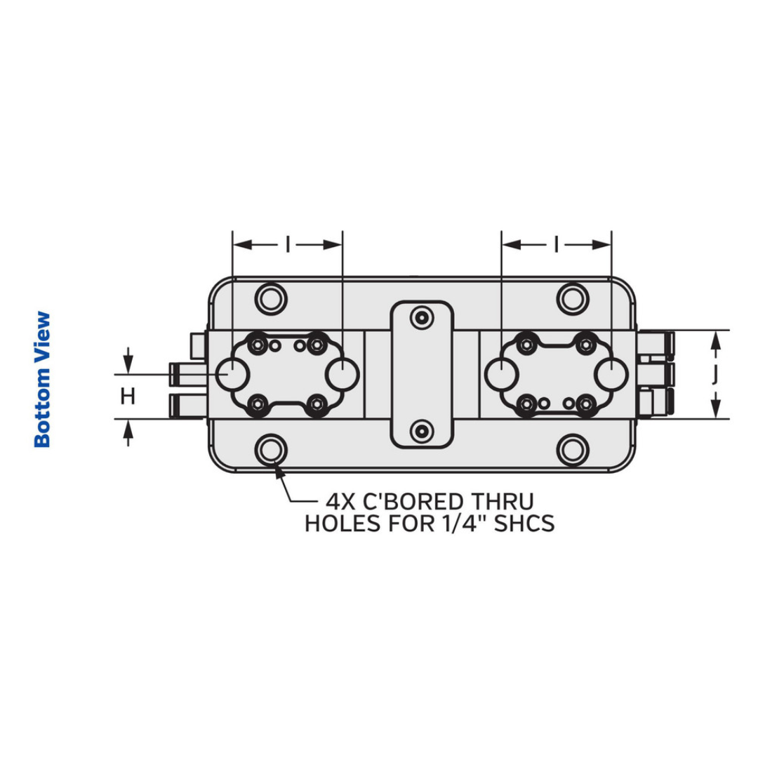Kurt Air Grippers: Grip Type: 2-Jaw Precision Parallel Gripper; Grip Style: Parallel; Holding Type: Internal; Operating Pressure (psi): 100 psi 55542666 bottom-view engineering drawing showing mounting hole locations, pneumatic connections, and gripper base dimensions.
