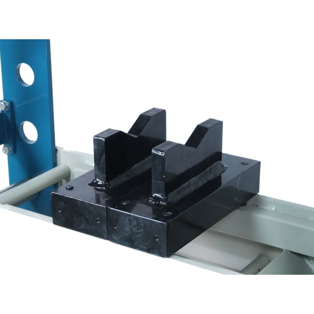 Adjustable V-block work support fixture for the Baileigh 100-Ton Pneumatic H-Frame Shop Press (HSP-100A) 1004759 enabling secure positioning of components during pressing.