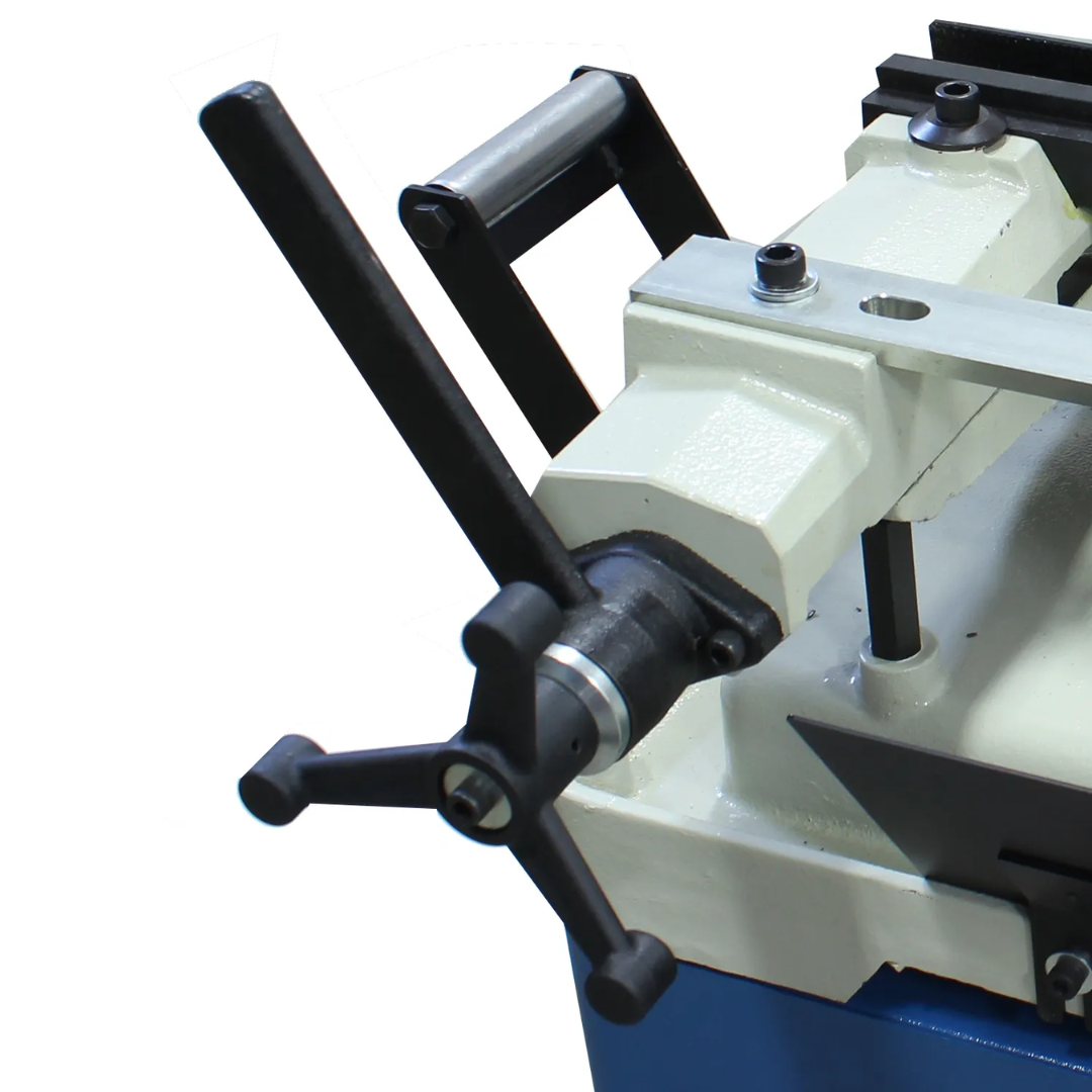 Adjustable miter angle control mechanism on the Baileigh Manual Cold Saw CS-275EU 1002434 allowing accurate angle setup for fabrication and production cutting applications.