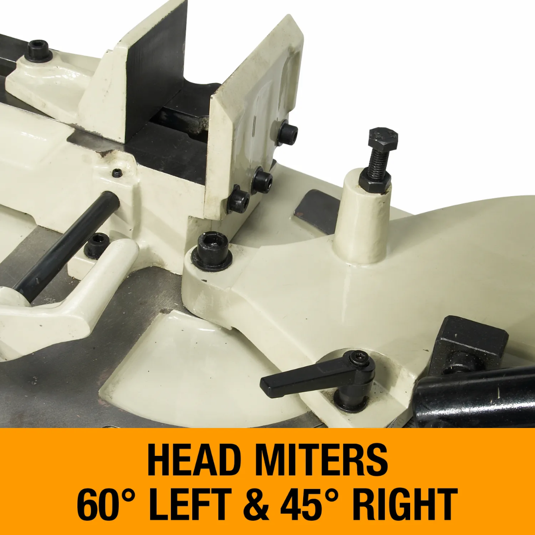 Adjustable miter head on the Baileigh Portable Metal Cutting Band Saw - BS-128M 1001095 featuring 60° left and 45° right cutting capability.