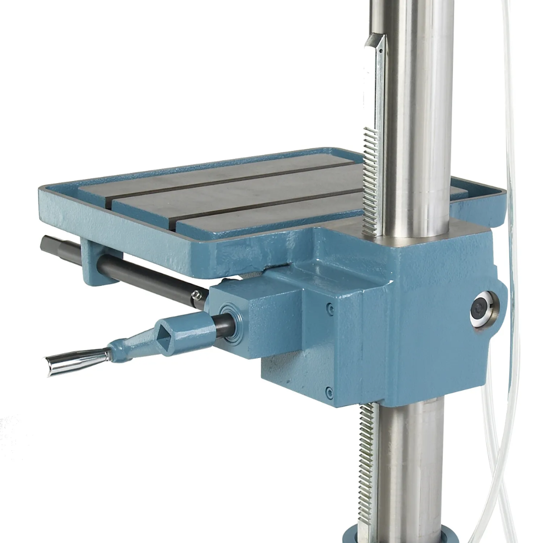 Adjustable work table detail on the Baileigh 16-Inch Variable-Speed Drill Press, 220V 1Ph (DP-1000VS) 1002862 designed for secure workpiece positioning and machining flexibility.