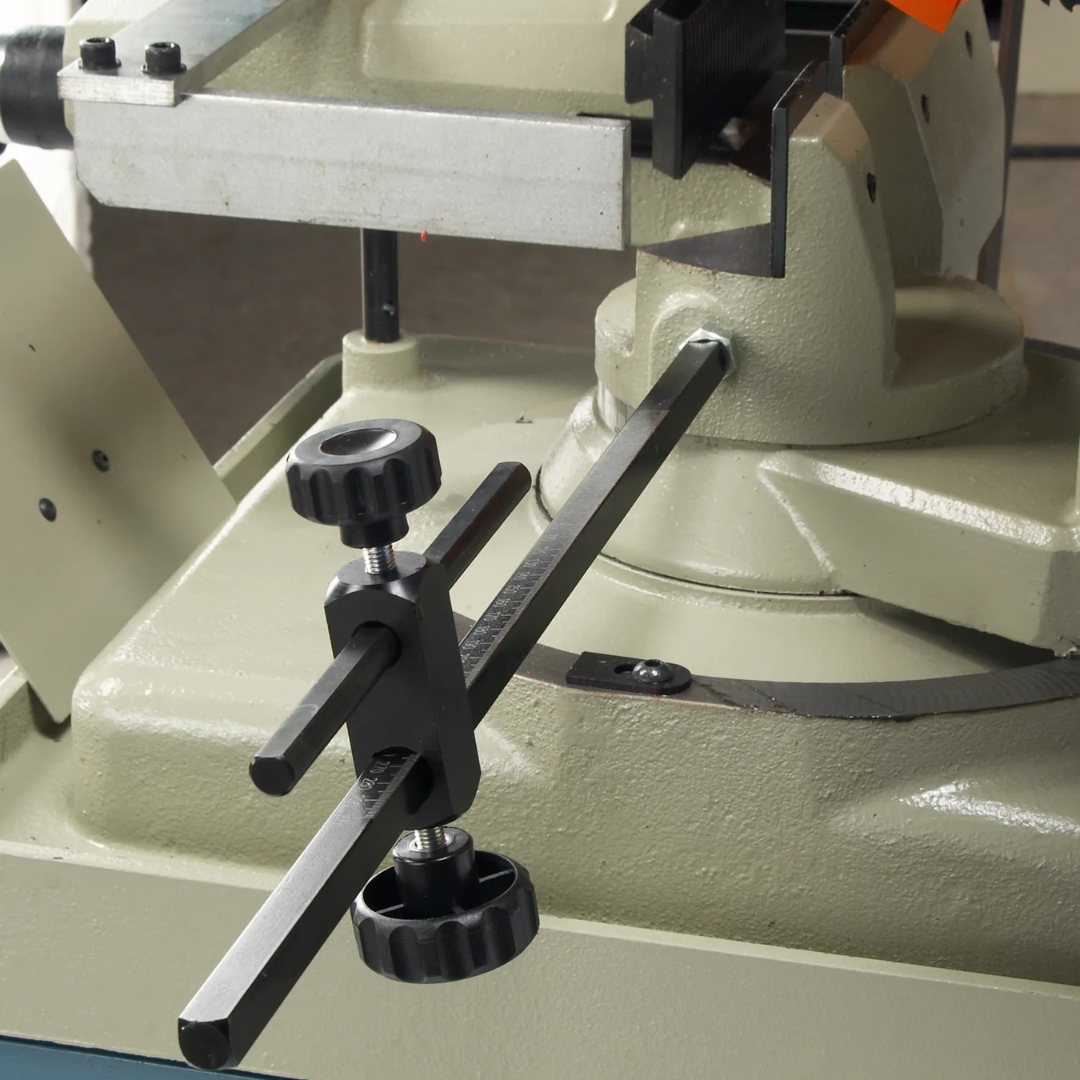Adjustable workholding mechanism of the Baileigh 12.5-Inch Manual Cold Saw, 2.5 HP, 220V 1Ph (CS-315EU) 1002450 highlighting miter cutting setup and positioning controls.