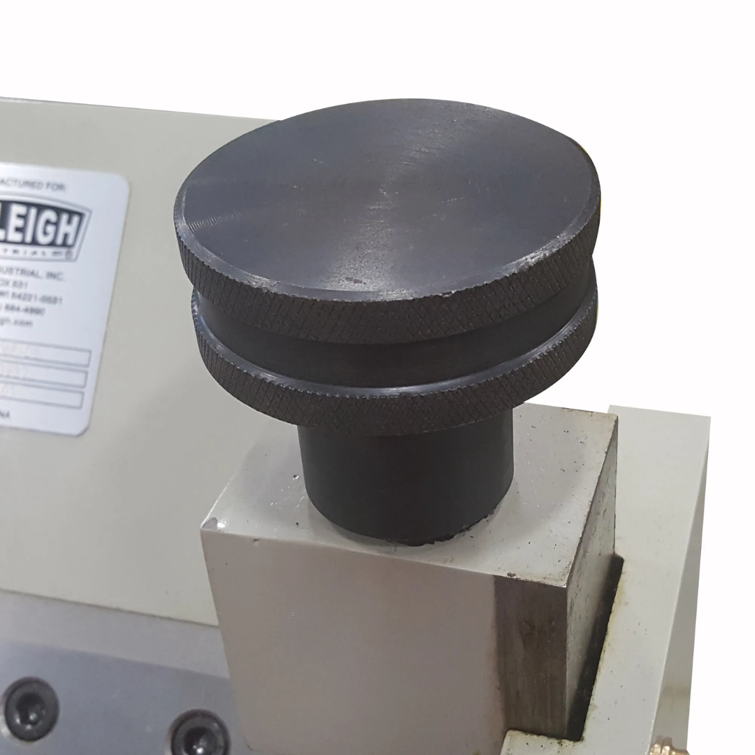 Adjustment control on the Baileigh Reversible Finger Brake (BB-5016F-DS) 1010428 allowing accurate clamping pressure and bending setup for various material thicknesses.