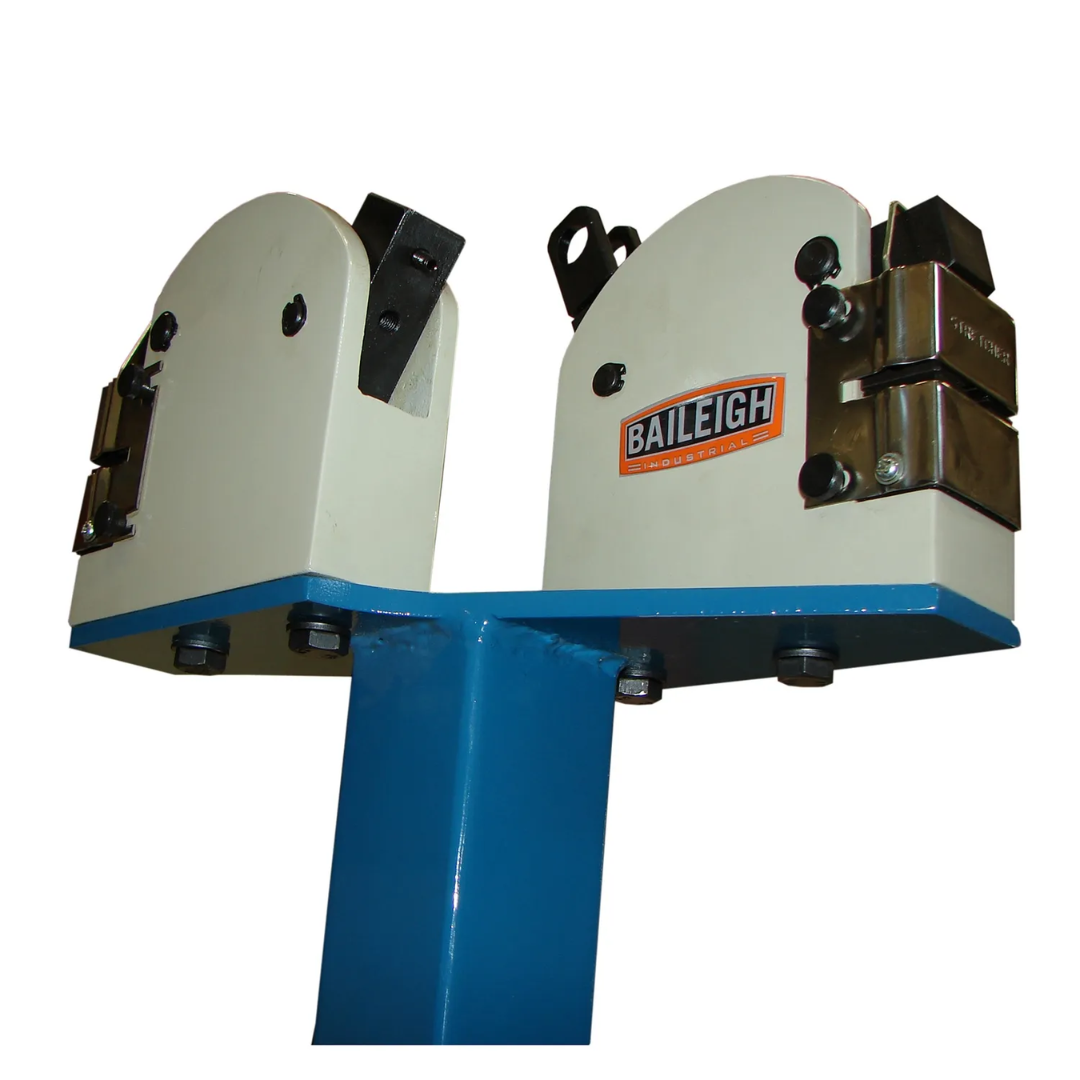 Angled close-up of the Baileigh Shrinker Stretcher - (MSS-18) 1005727 illustrating the interchangeable shrinking and stretching jaws mounted on the rigid steel frame for professional sheet metal fabrication.