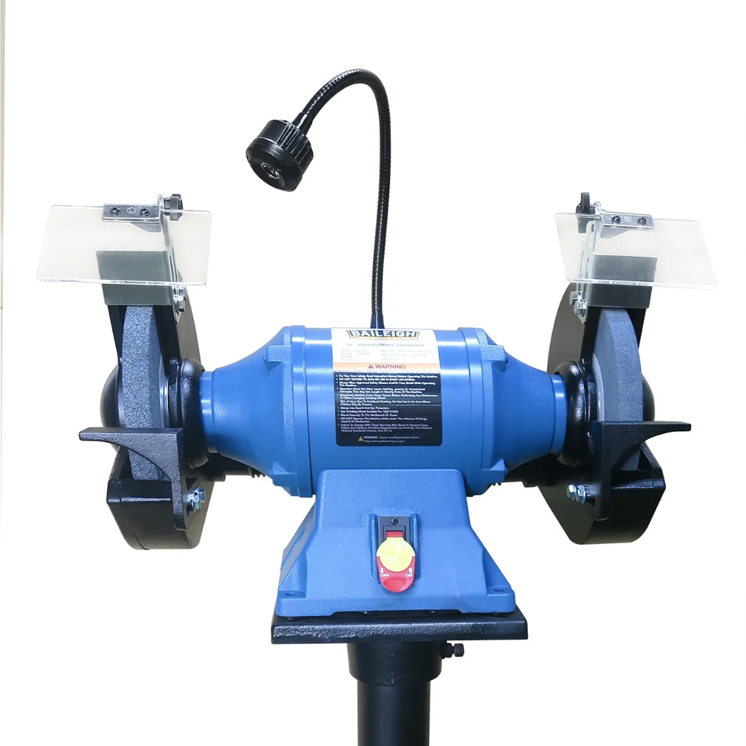 Angled front view of the Baileigh 10" Industrial Bench Grinder - (IGB-10) 1227896 showing the robust benchtop design, precision grinding wheels, and stable cast base construction.