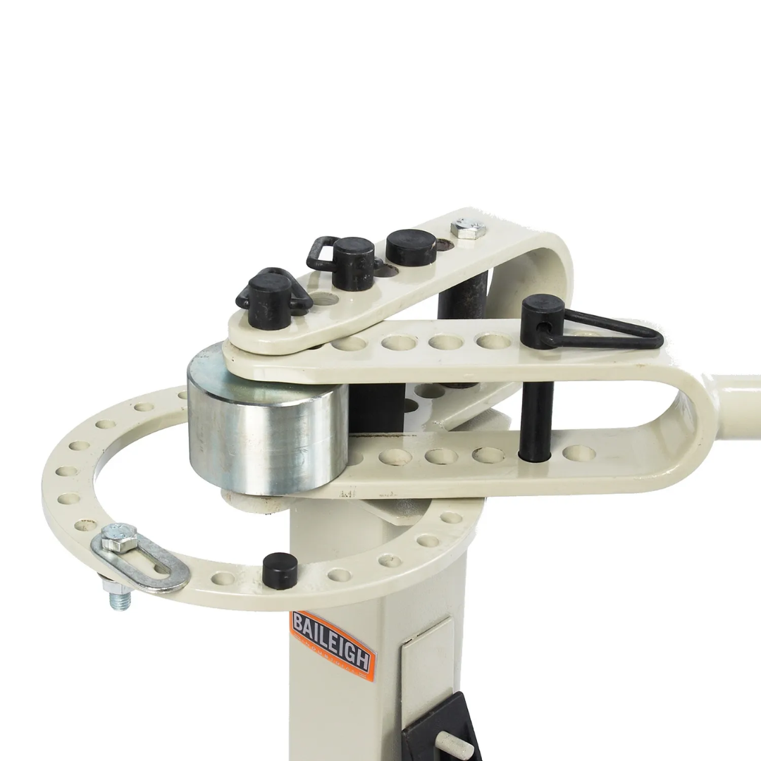 Angled perspective of Baileigh Compact Flat Bar Bender - (MCB-650) 1005424 showcasing robust bending head, manual leverage arm, and compact industrial design.