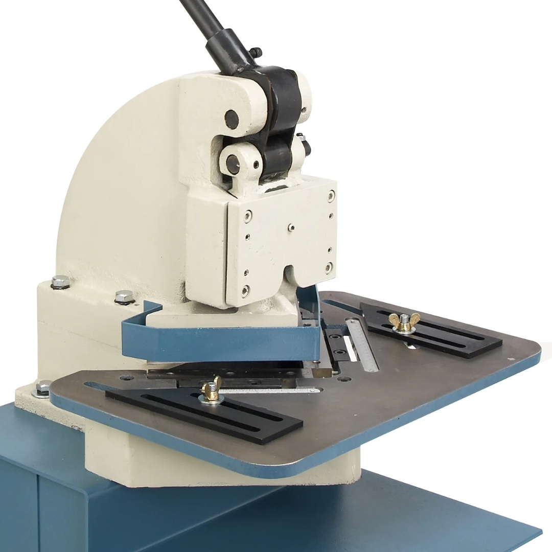 Angled perspective of the Baileigh Manual Corner Notcher - (SN-F16-HN) 1007260 highlighting the manual lever operation, worktable, and robust steel construction for fabrication shop use.
