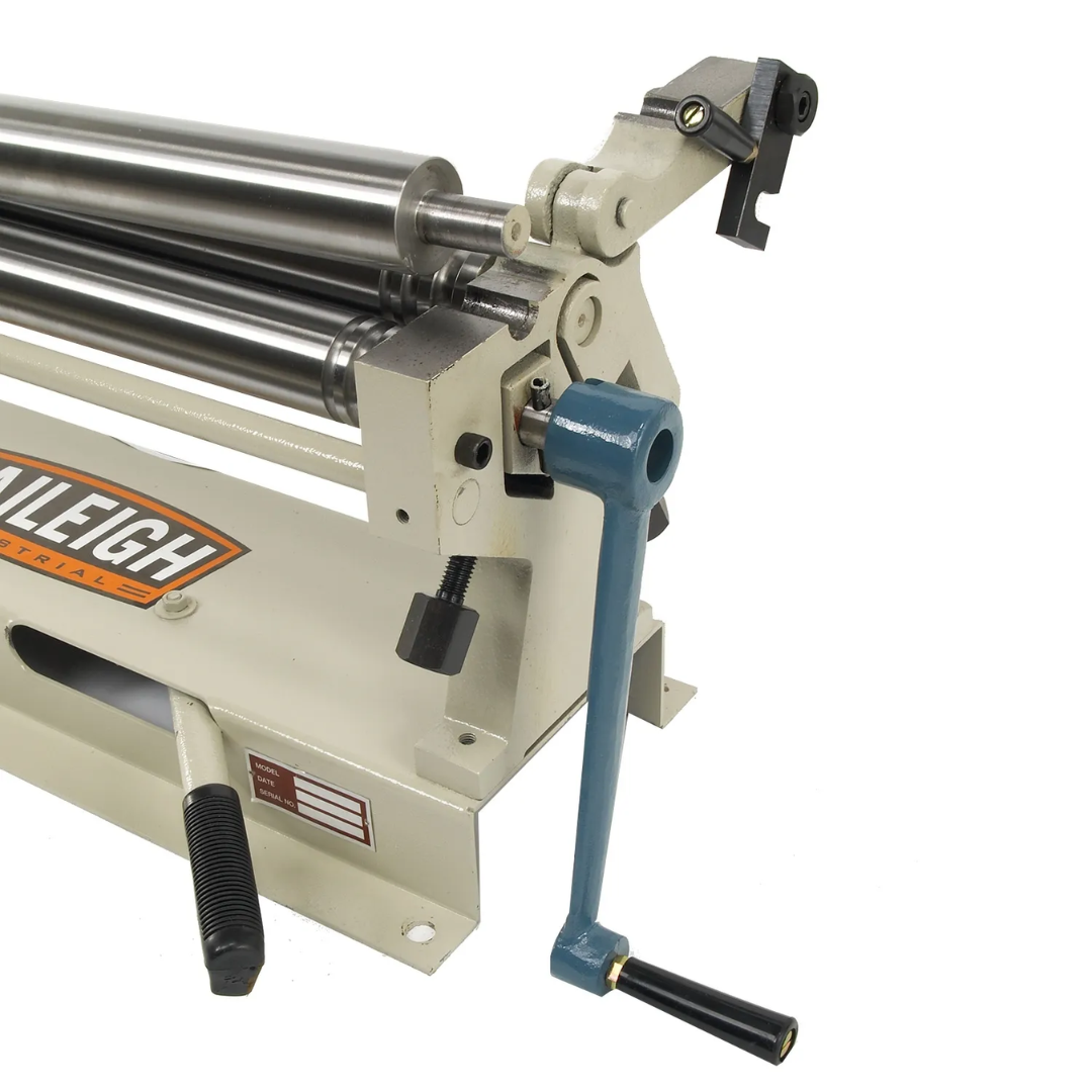 Angled perspective of the Baileigh Manual Slip Roll Machine - (SR-2420M) 1007297 illustrating the compact design and heavy-duty construction for sheet metal fabrication.