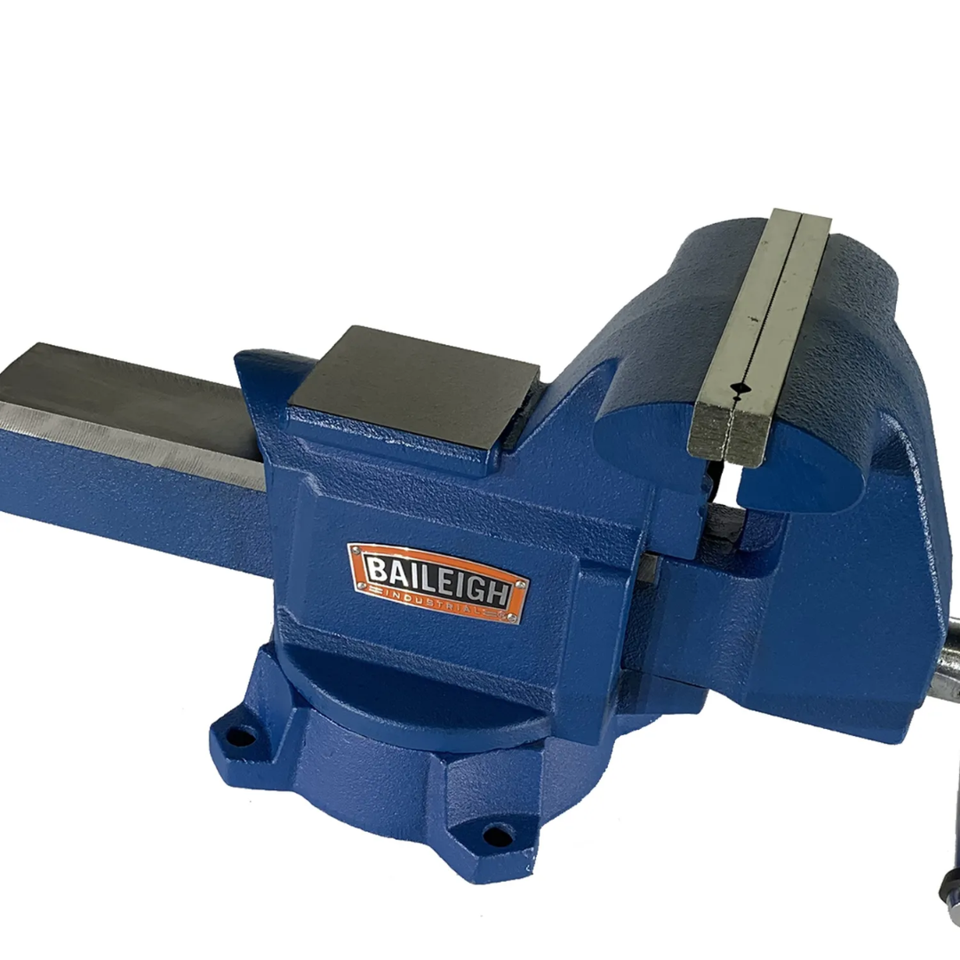 Angled side view of Baileigh Bench Vise highlighting rugged ductile cast iron frame, replaceable jaws, and stable bolt-down base for demanding shop environments.