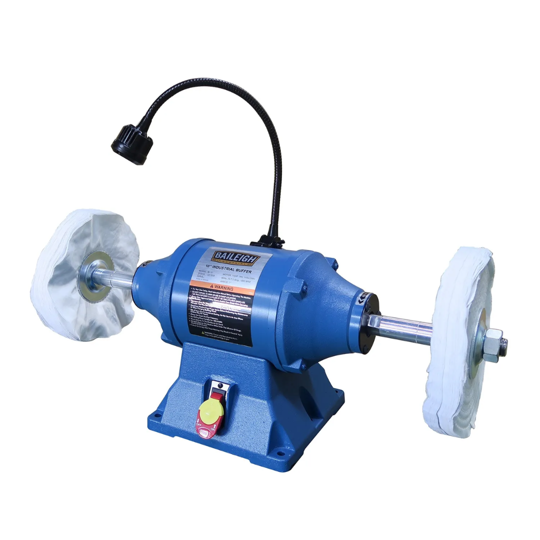 Angled side view of the Baileigh 10" Buffer/Polisher (IB-10) 1227898 showing the industrial buffer design with precision-balanced polishing wheels and stable benchtop base.