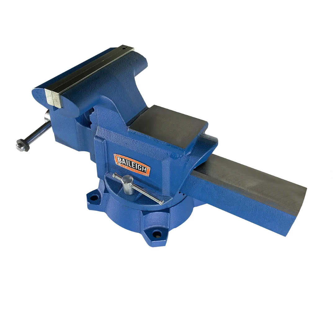 Angled view of Baileigh Bench Vise with 8-inch jaw width, 9-inch jaw opening, and 4-inch throat depth showing robust ductile cast iron body, wide clamping capacity, and 360-degree swivel base for versatile workpiece positioning.