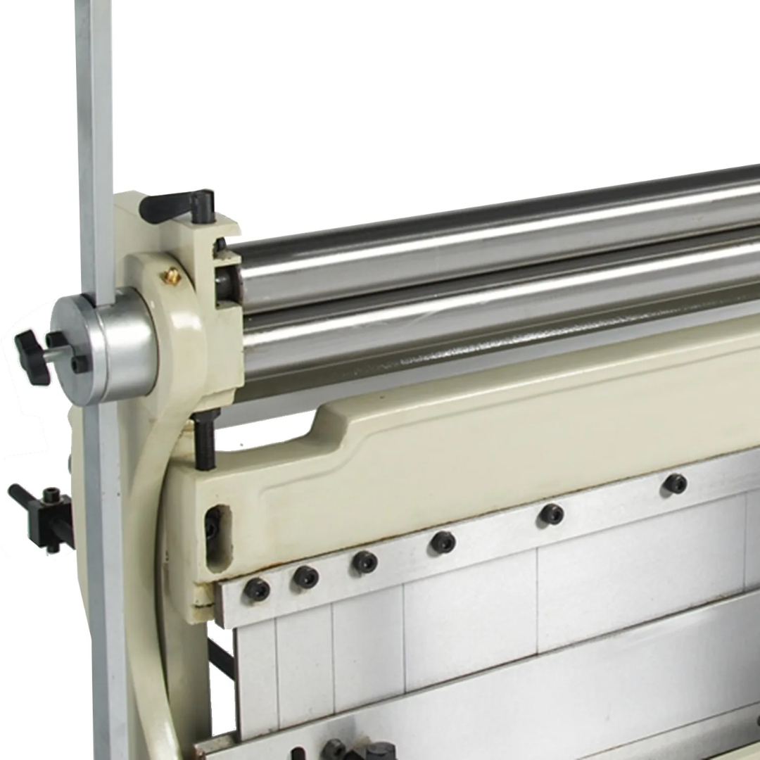 Angled view of the Baileigh 3-in-1 Shear Brake Roll Machine SBR-4020 1006968 highlighting the heavy-duty frame construction and integrated rolling system for fabrication applications.