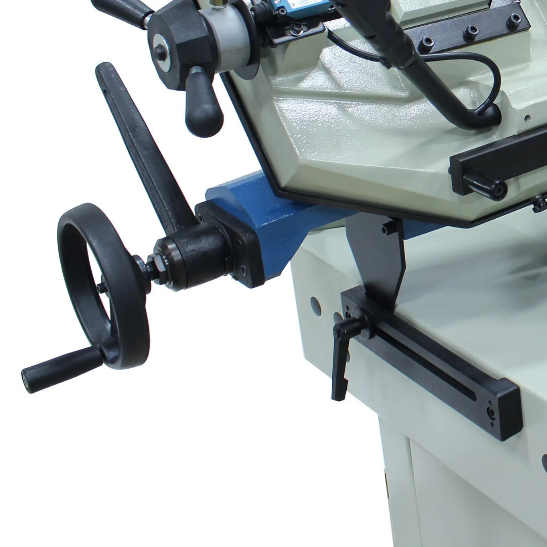 Baileigh 10.5-Inch Variable-Speed Dual-Mitering Bandsaw (BS-350M) 1001557 adjustable feed controls and operator interface for precise cutting adjustments.