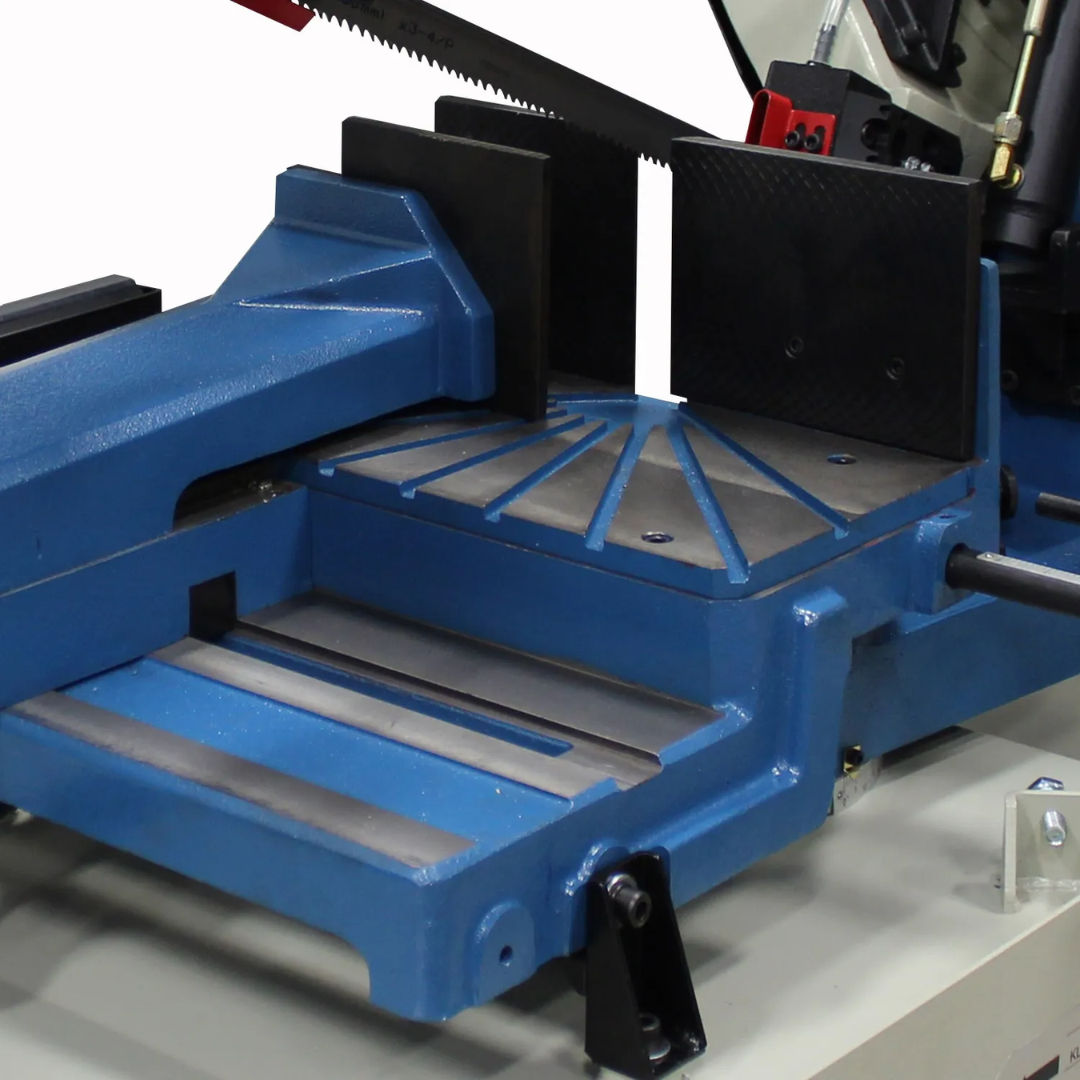 Baileigh 10.5-Inch Variable-Speed Dual-Mitering Bandsaw (BS-350M) 1001557 heavy-duty machine base and material support system designed for stable cutting operations.