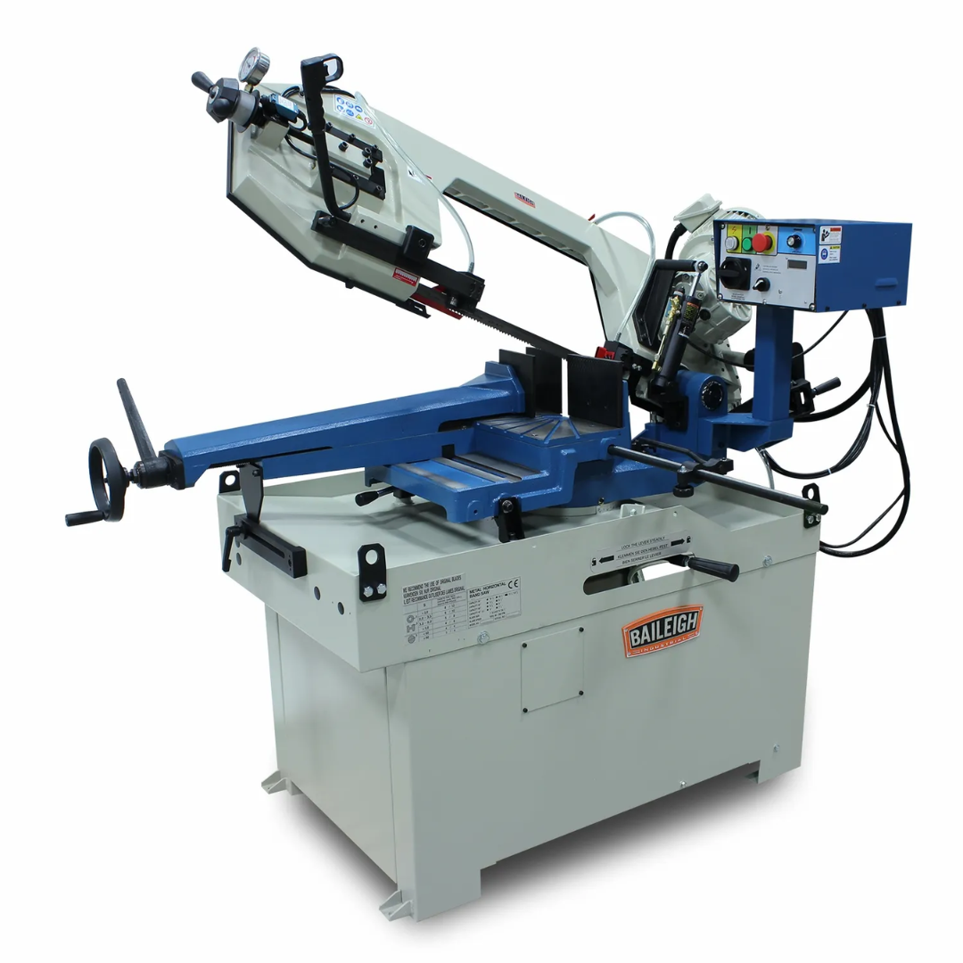 Baileigh 10.5-Inch Variable-Speed Dual-Mitering Bandsaw (BS-350M) 1001557 industrial horizontal bandsaw with dual-mitering capability for precision metal cutting applications.