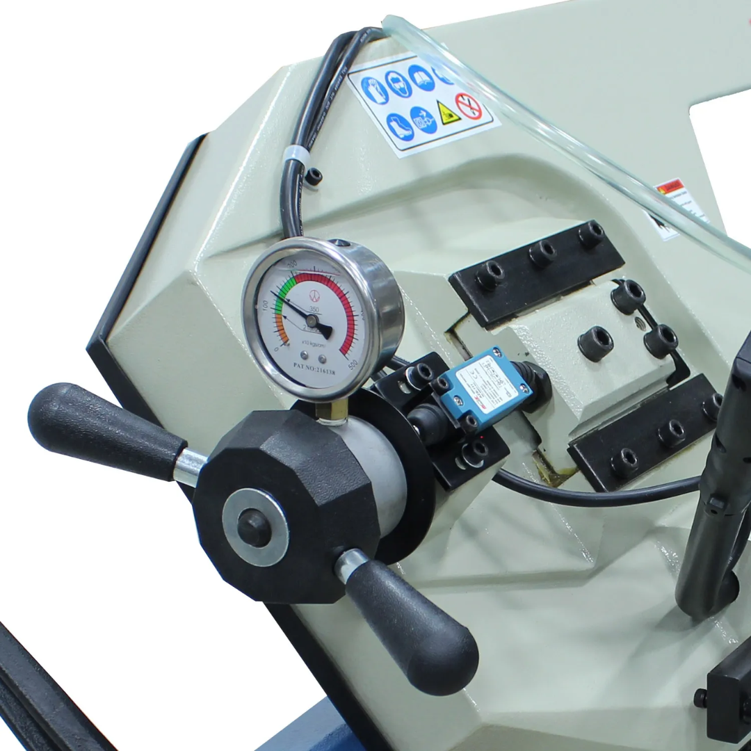 Baileigh 10.5-Inch Variable-Speed Dual-Mitering Bandsaw (BS-350M) 1001557 operator control area featuring variable-speed adjustments and cutting controls.