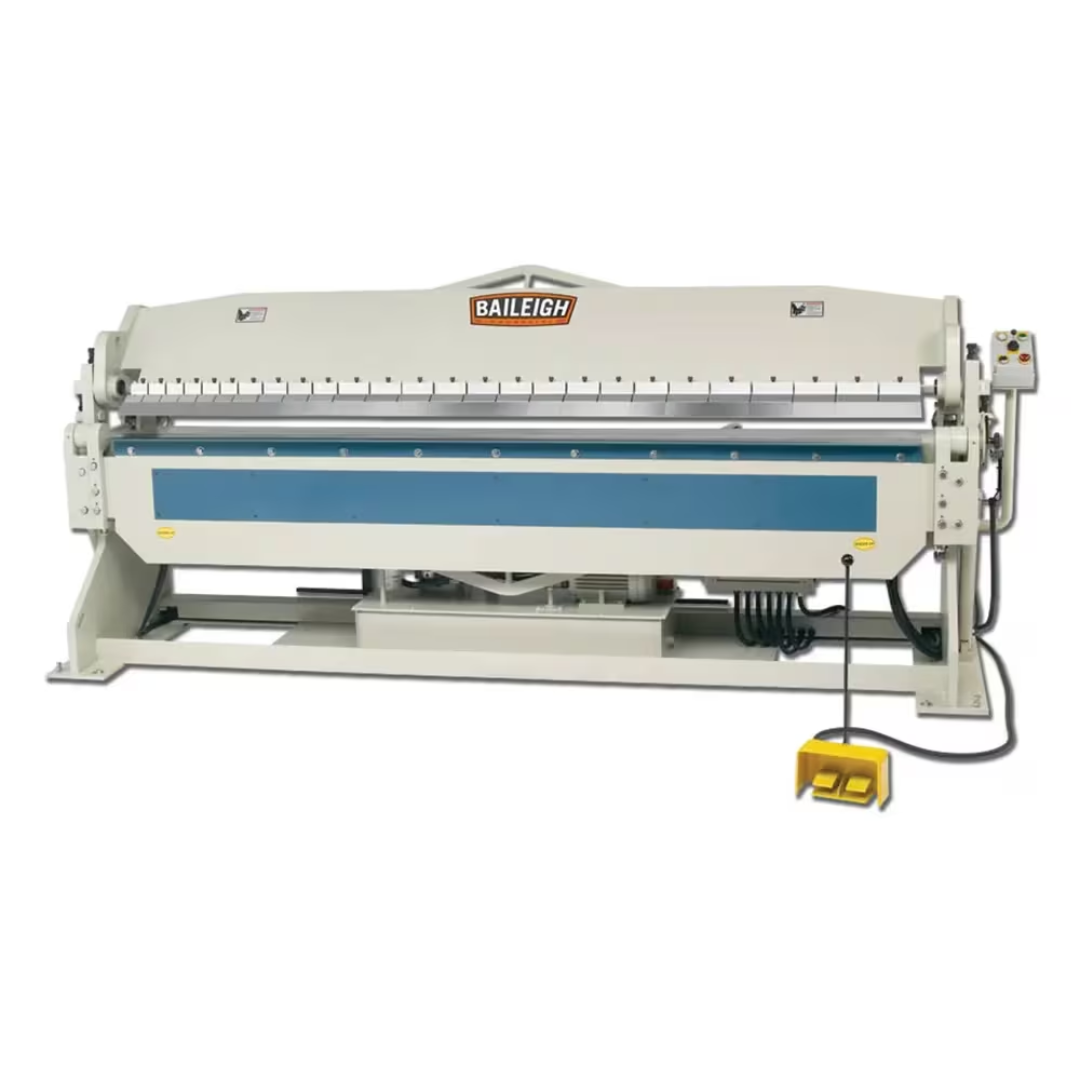 Baileigh 120-Inch Hydraulic Box & Pan Brake (BB-12010H) 1020998 industrial hydraulic box and pan brake featuring a 120-inch bending capacity, heavy-duty segmented finger tooling, welded steel frame, hydraulic operation, and precision sheet metal forming for large-scale fabrication and manufacturing.