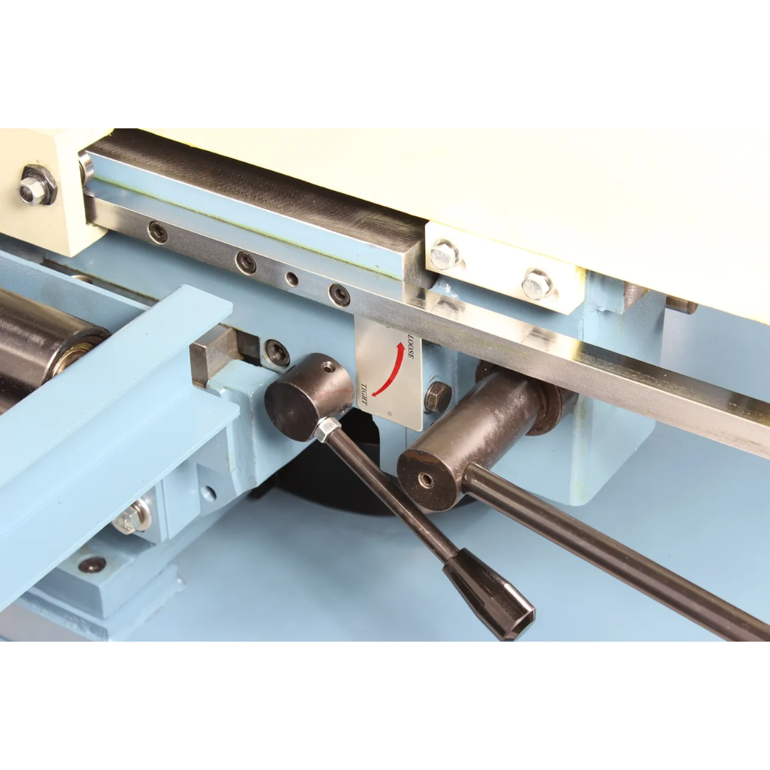 Baileigh 13-Inch Variable-Speed Dual-Mitering Bandsaw (BS-20M-DM) 1001292 material support and vise system designed for secure positioning of metal stock during cutting.