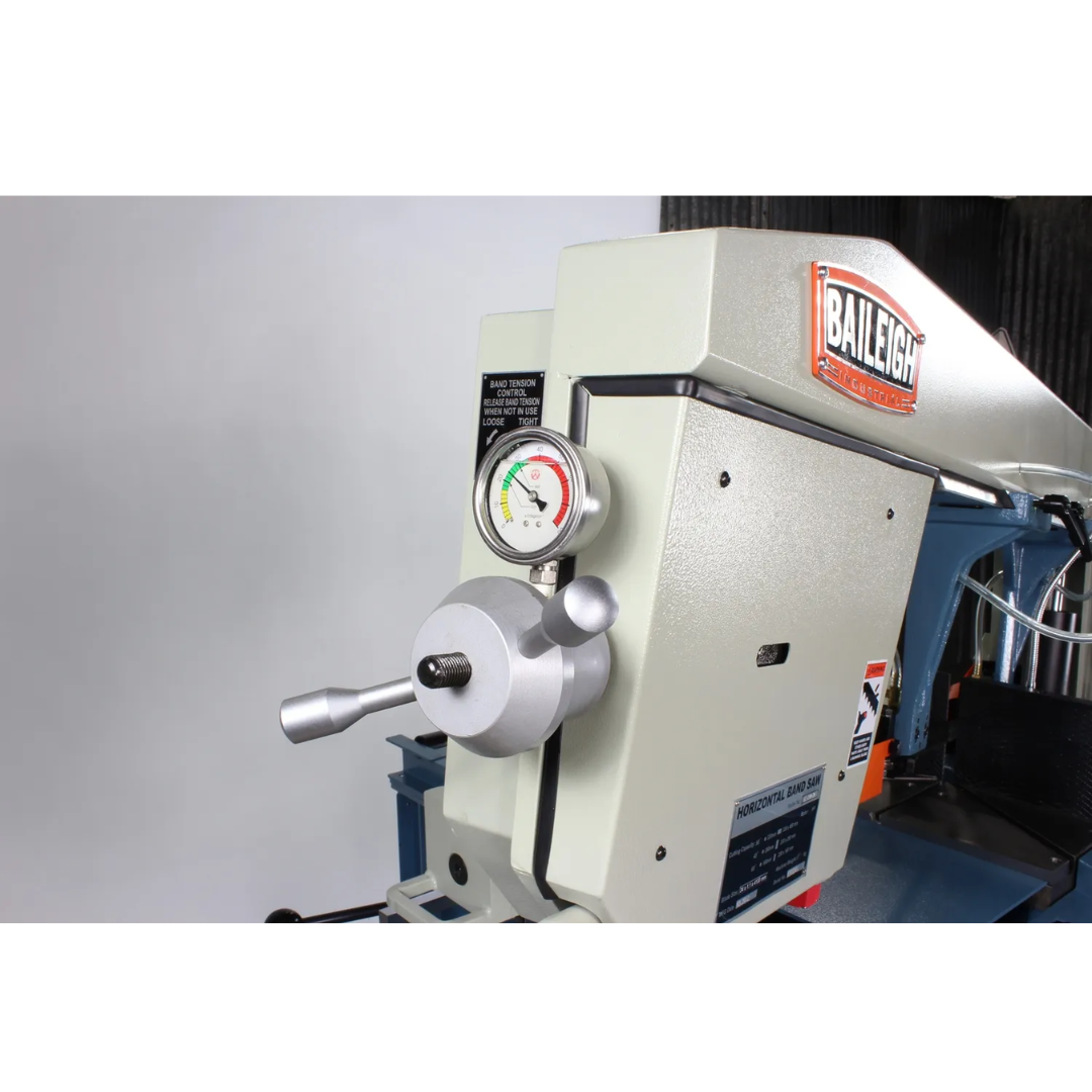 Baileigh 13-Inch Variable-Speed Dual-Mitering Bandsaw (BS-20M-DM) 1001292 side view featuring the gearbox, control components, and heavy-duty metal cutting design.
