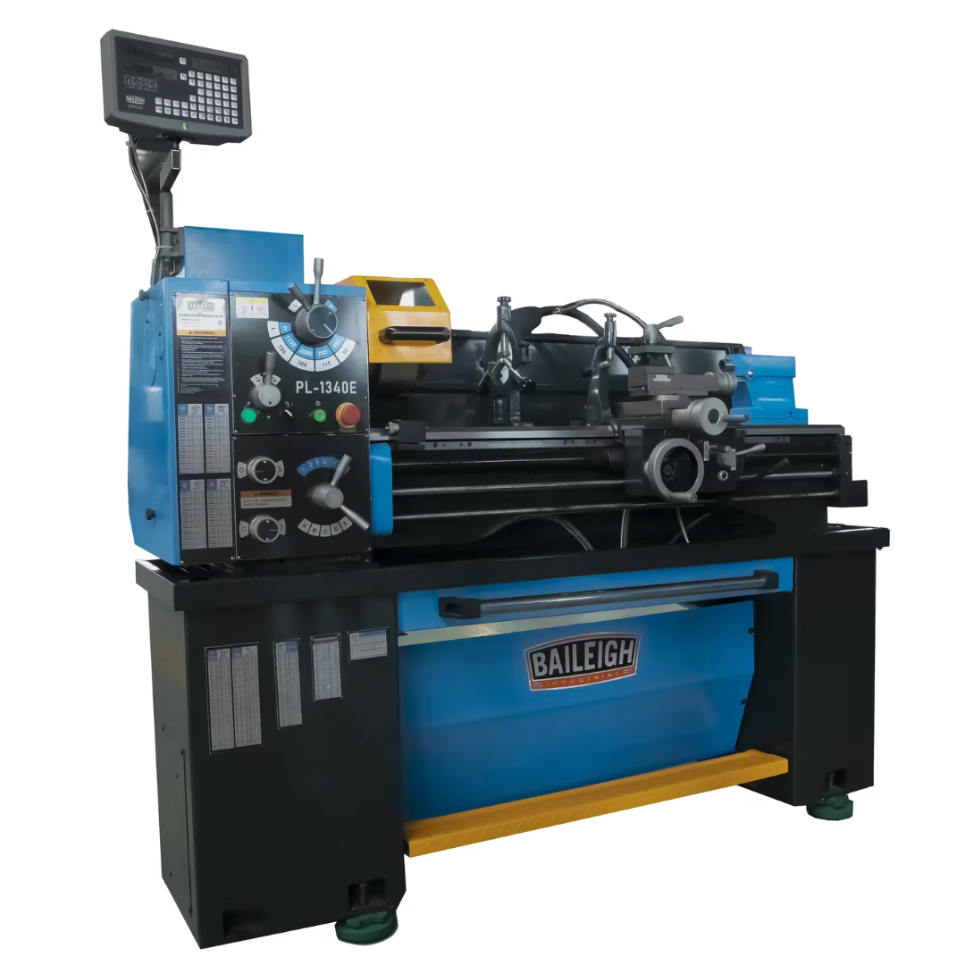 Baileigh 13" x 40" Gear Head Engine Lathe (PL-1340E-1) BA1-11223 angled front view showing the precision lathe bed, carriage, chuck, and digital readout system.