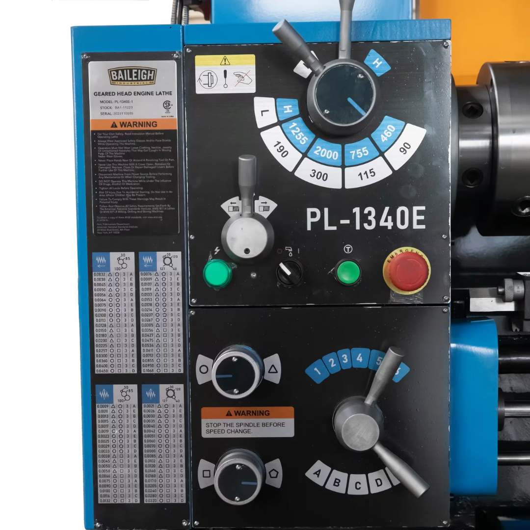 Baileigh 13" x 40" Gear Head Engine Lathe (PL-1340E-1) BA1-11223 close-up of the gearbox and spindle speed controls for accurate machine operation.