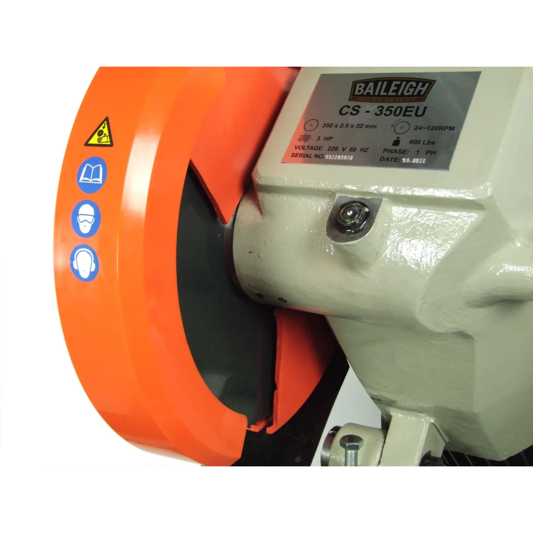 Baileigh 14-Inch Variable-Speed Cold Saw, 120 RPM (CS-350EU) 1002535 close-up of the 14-inch blade housing and variable-speed drive system for clean, accurate cuts.