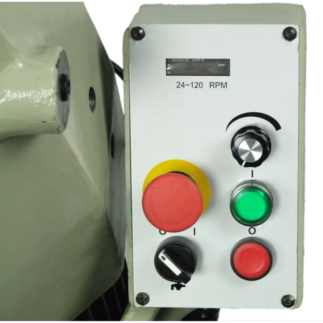 Baileigh 14-Inch Variable-Speed Cold Saw, 120 RPM (CS-350EU) 1002535 industrial control panel featuring emergency stop and operator controls for safe machine operation.