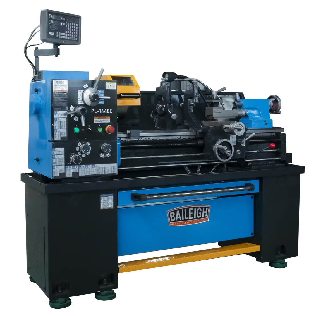 Baileigh 14" x 40" Gear Head Metal Lathe (PL-1440E-1) BA1-11224 angled front view highlighting the gear head, precision carriage, digital readout, and 14 × 40 turning capacity.