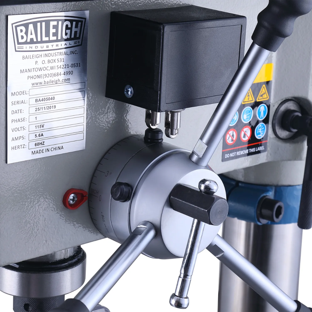 Baileigh 16" Variable Speed Bench Top Drill Press DP-4016B-VS 1228213 control panel and spindle assembly featuring variable speed controls, depth adjustment capabilities, and industrial-duty machining performance.