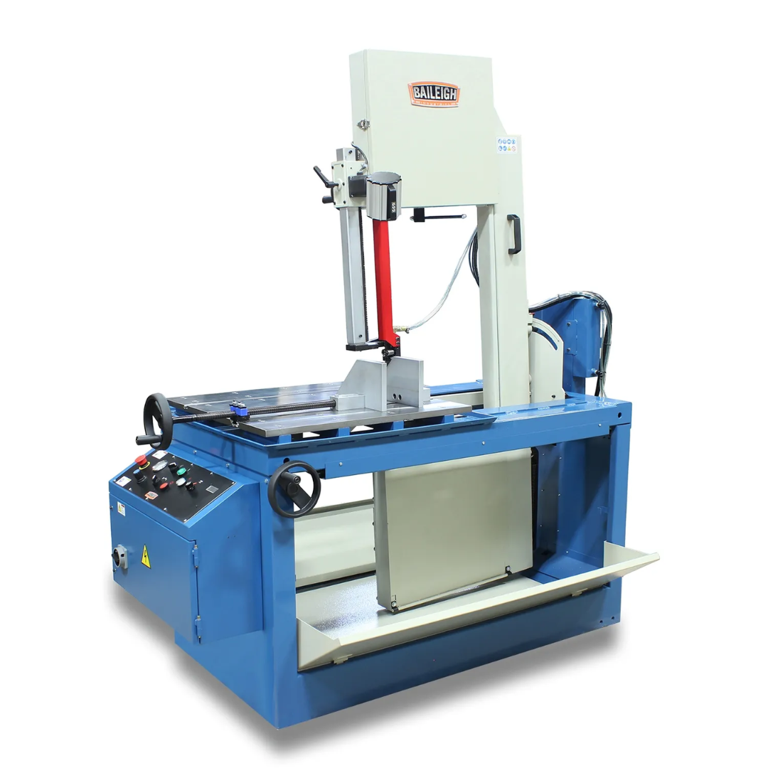 Baileigh 18-Inch Vertical Tilt Frame Bandsaw, 220V 3Ph (BSVT-18P) 1226643 shown in a full front view, featuring a heavy-duty tilting frame, large cast worktable, industrial steel base, and precision vertical cutting design for metal fabrication.