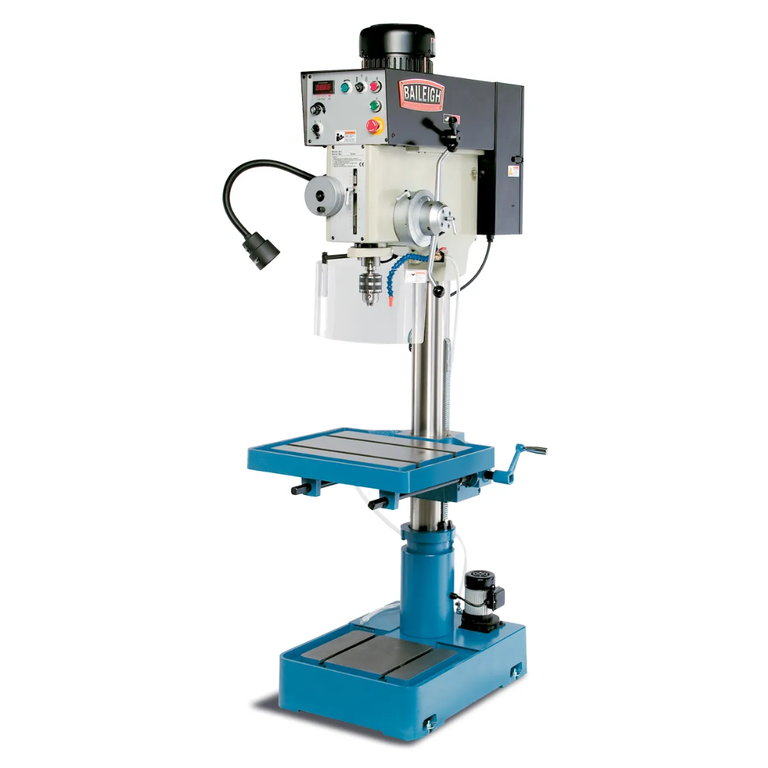 Baileigh 21-Inch Variable-Speed Drill Press, 220V 1Ph (DP-1500VS) 1002923 industrial floor-standing drill press featuring variable-speed controls, precision spindle assembly, large T-slot worktable, integrated work light, and heavy-duty column construction for accurate drilling operations.