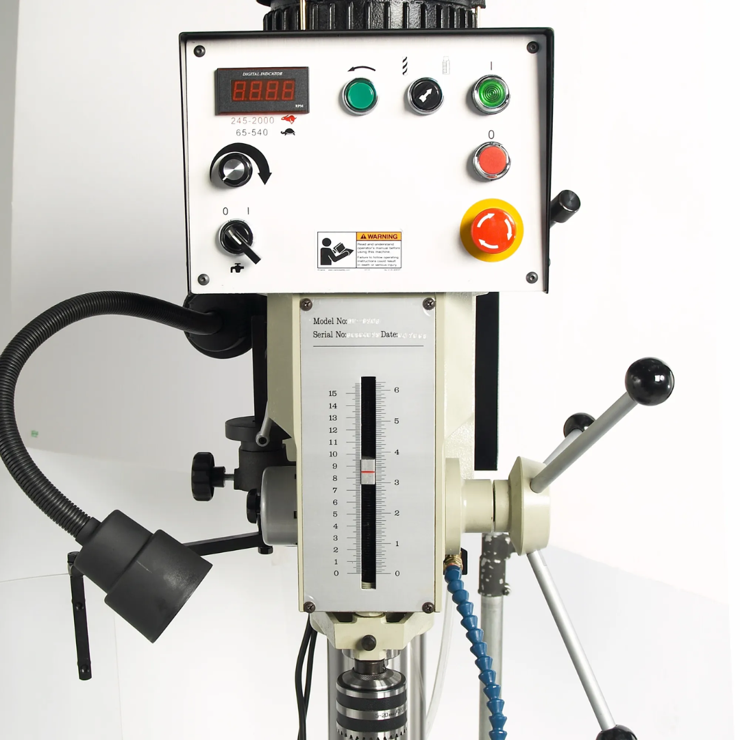 Baileigh 22-Inch Variable-Speed Drill Press, 220V 1Ph DP-1250VS 1002869 control panel with variable-speed controls, emergency stop functions, and operator interface for precision drilling applications.