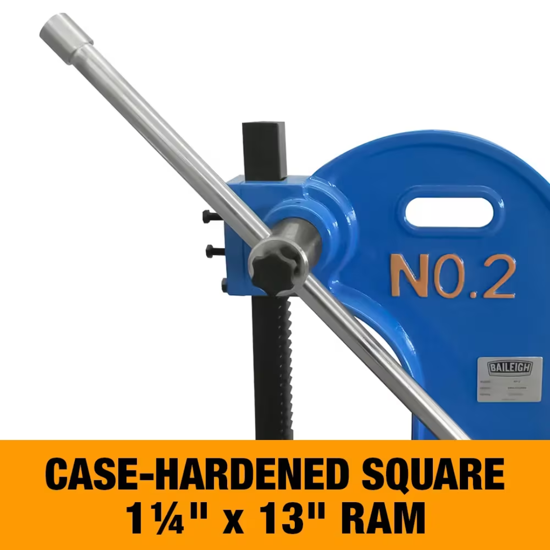 Baileigh 2 Ton Arbor Press AP-2 1232699 close-up showing the case-hardened 1-1/4 in. × 13 in. square ram engineered for strength, durability, and accurate pressing.