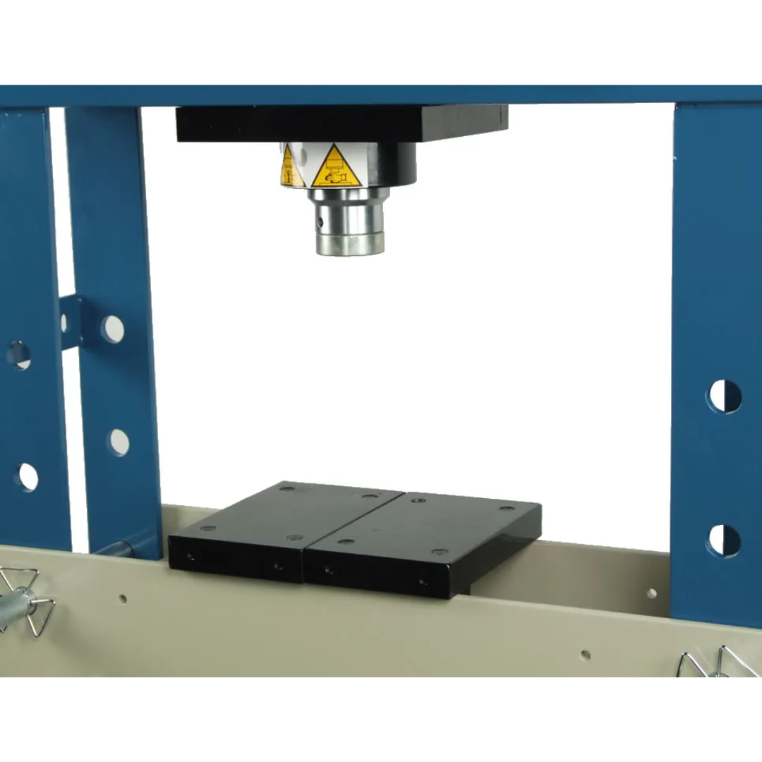 Baileigh 30-Ton Pneumatic H-Frame Shop Press (HSP-30A) 1004816 adjustable work platform and pressing area designed for bearing installation, straightening, forming, and assembly applications.