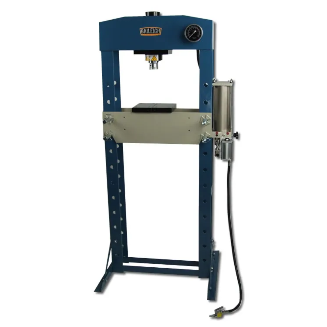Baileigh 30-Ton Pneumatic H-Frame Shop Press (HSP-30A) 1004816 heavy-duty hydraulic shop press with reinforced H-frame construction, pneumatic operation, and 30-ton pressing capacity for industrial fabrication and maintenance applications.