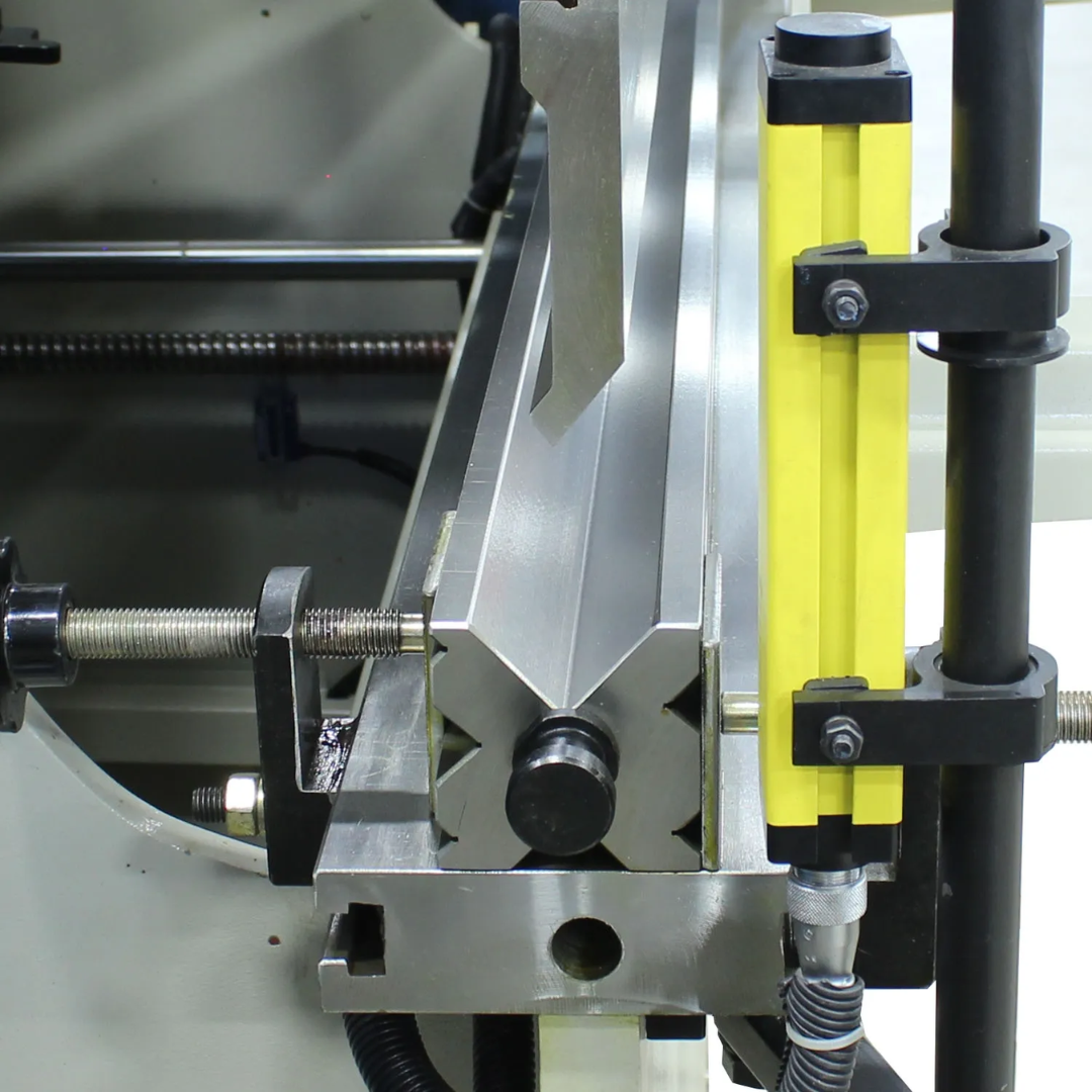 Baileigh 33-Ton CNC Hydraulic Press Brake, 63" Length (BP-3305CNC) 1020680 detailed tooling area view showing upper punch, lower die, and precision bending components for sheet metal forming applications.