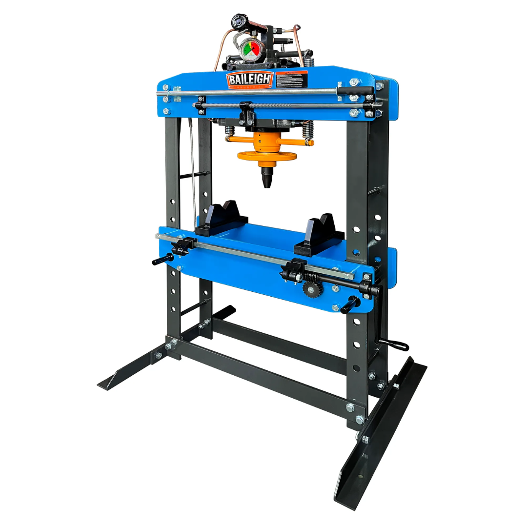 Baileigh 35 TON HYDRAULIC SHOP PRESS HSP-35A 1232704 front-angle view highlighting the high-capacity hydraulic cylinder, adjustable bed, and rugged welded frame designed for pressing, straightening, and forming operations.