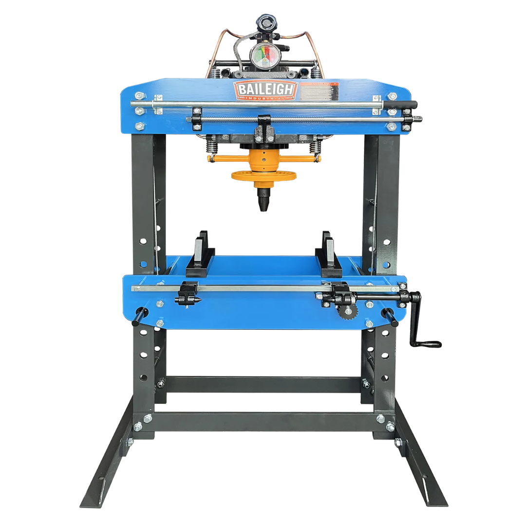 Baileigh 35 TON HYDRAULIC SHOP PRESS HSP-35A 1232704 side perspective showing the heavy-duty frame structure, hydraulic press assembly, and stable base engineered for demanding shop applications.