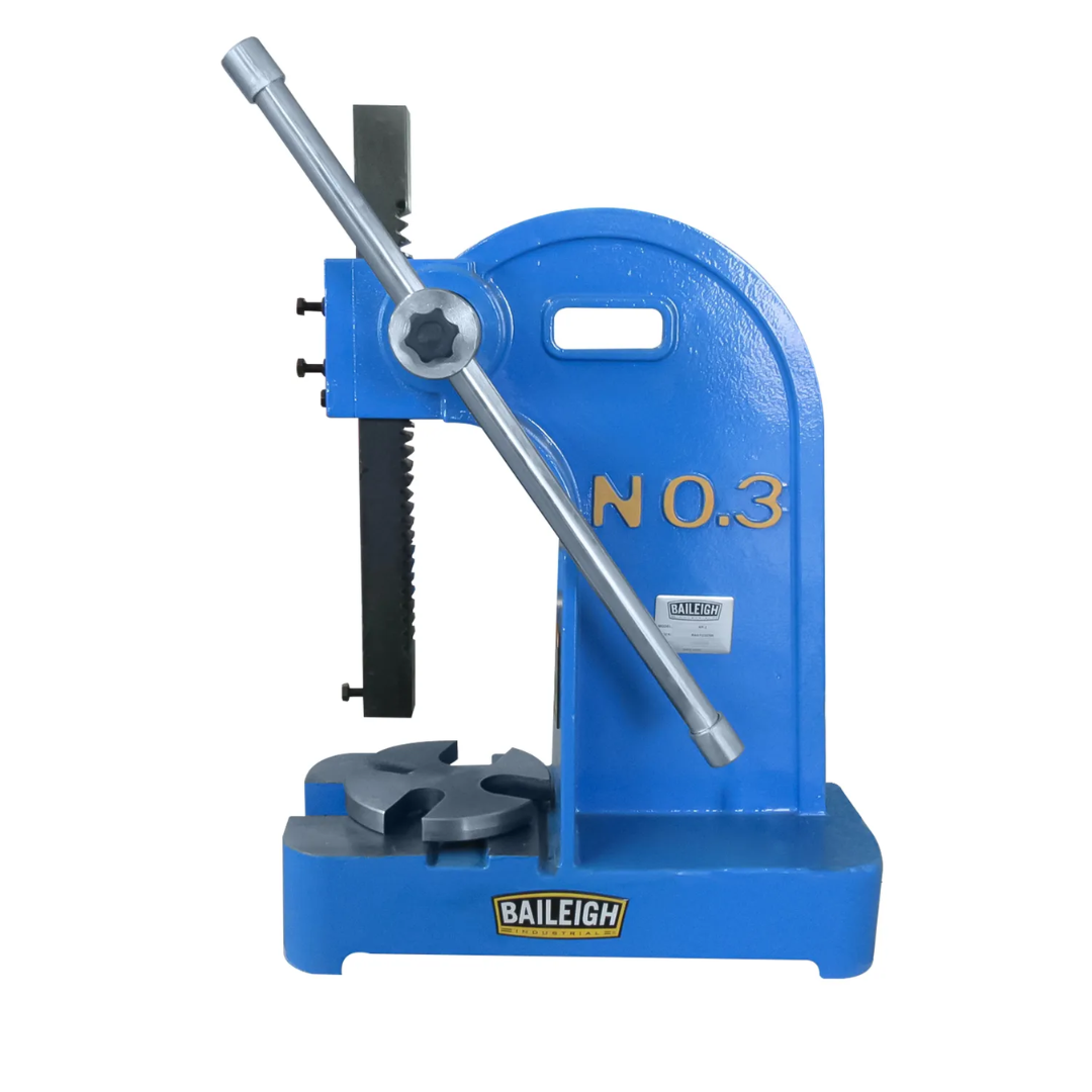 Baileigh 3 Ton Arbor Press AP-3 1232700 front view featuring a heavy-duty cast iron manual arbor press with long operating handle for precision pressing and assembly applications.