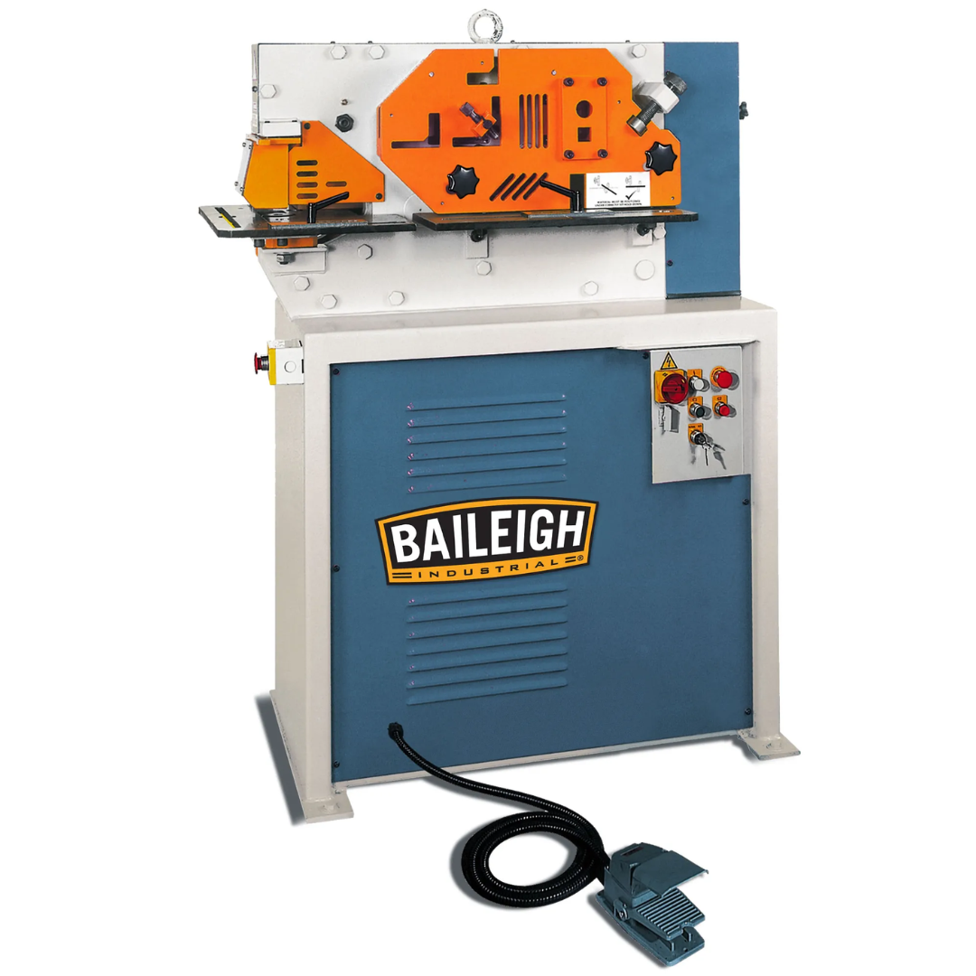 Baileigh 44-Ton 4-Station Hydraulic Ironworker, 220V 1Ph (SW-441) 1007756 industrial hydraulic ironworker featuring four integrated workstations, 44-ton punching capacity, single-phase power, and heavy-duty steel fabrication capabilities.