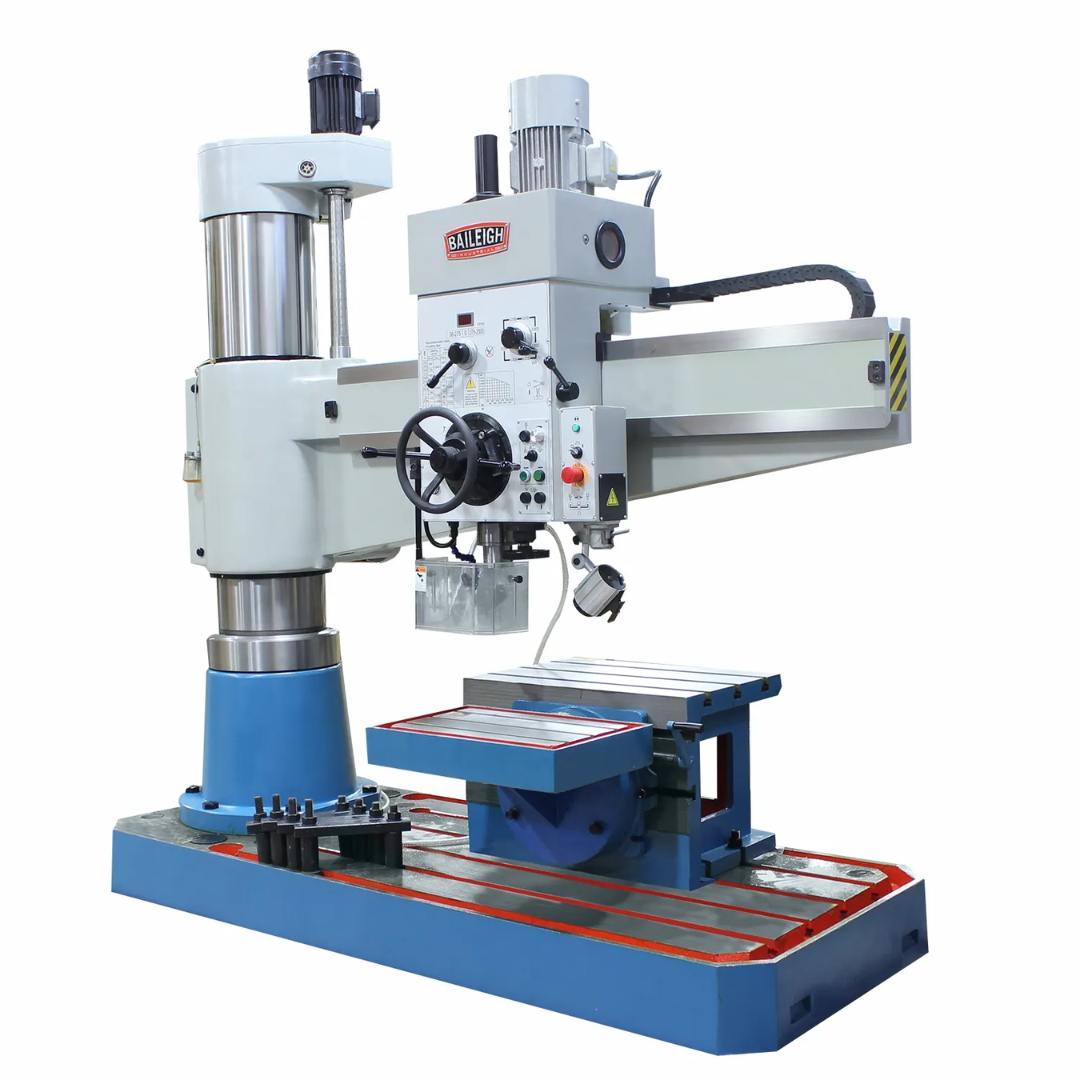 Baileigh 49-Inch Variable-Speed Radial Drill Press (RD-1600H-VS) 1019843 front view featuring a heavy-duty variable-speed radial drill press with adjustable radial arm, precision spindle head, T-slot work table, and rigid cast iron base for large-scale industrial drilling applications.