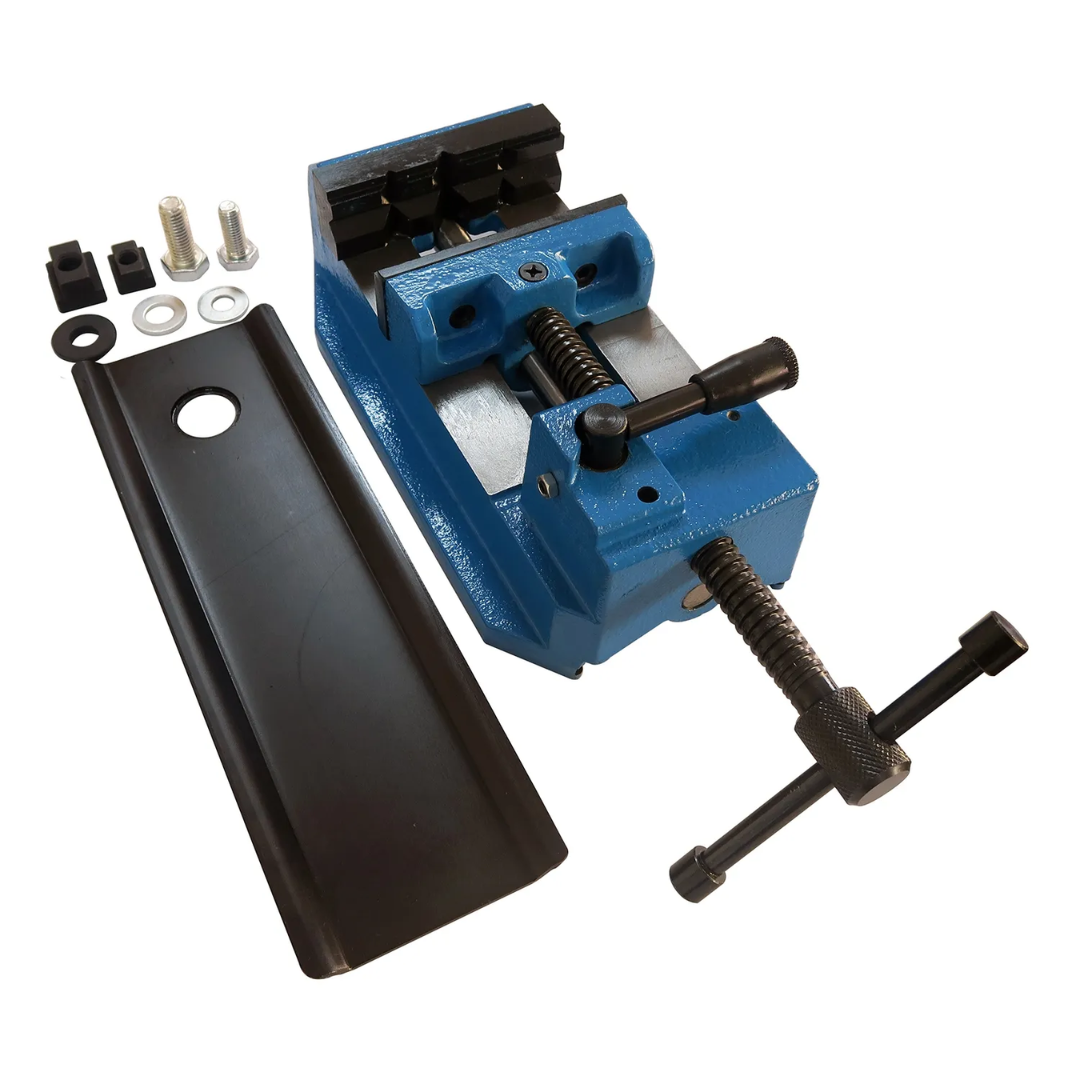 Baileigh 4" Quick Jaw Vise - (BV-4Q) 1227906 shown with removable jaw plate, mounting hardware, and accessories, featuring a heavy-duty blue cast construction for precision metalworking and fabrication applications.