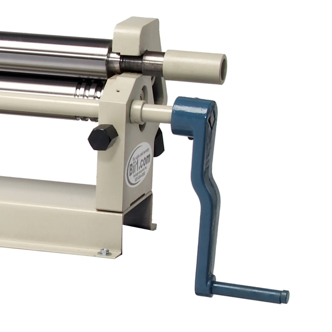 Baileigh 50-Inch Manual Slip Roll, 16-Gauge Mild Steel (SR-5016M) 1007348 side view highlighting manual crank drive system for smooth and controlled metal rolling operations.