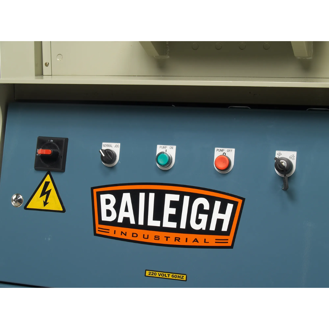 Baileigh 50-Ton 5-Station Ironworker, 3 HP, 220V 3Ph (SW-503) 1007792 close-up of the industrial 3 HP motor and hydraulic drive assembly engineered to deliver reliable 50-ton punching, shearing, and notching performance for demanding fabrication applications.
