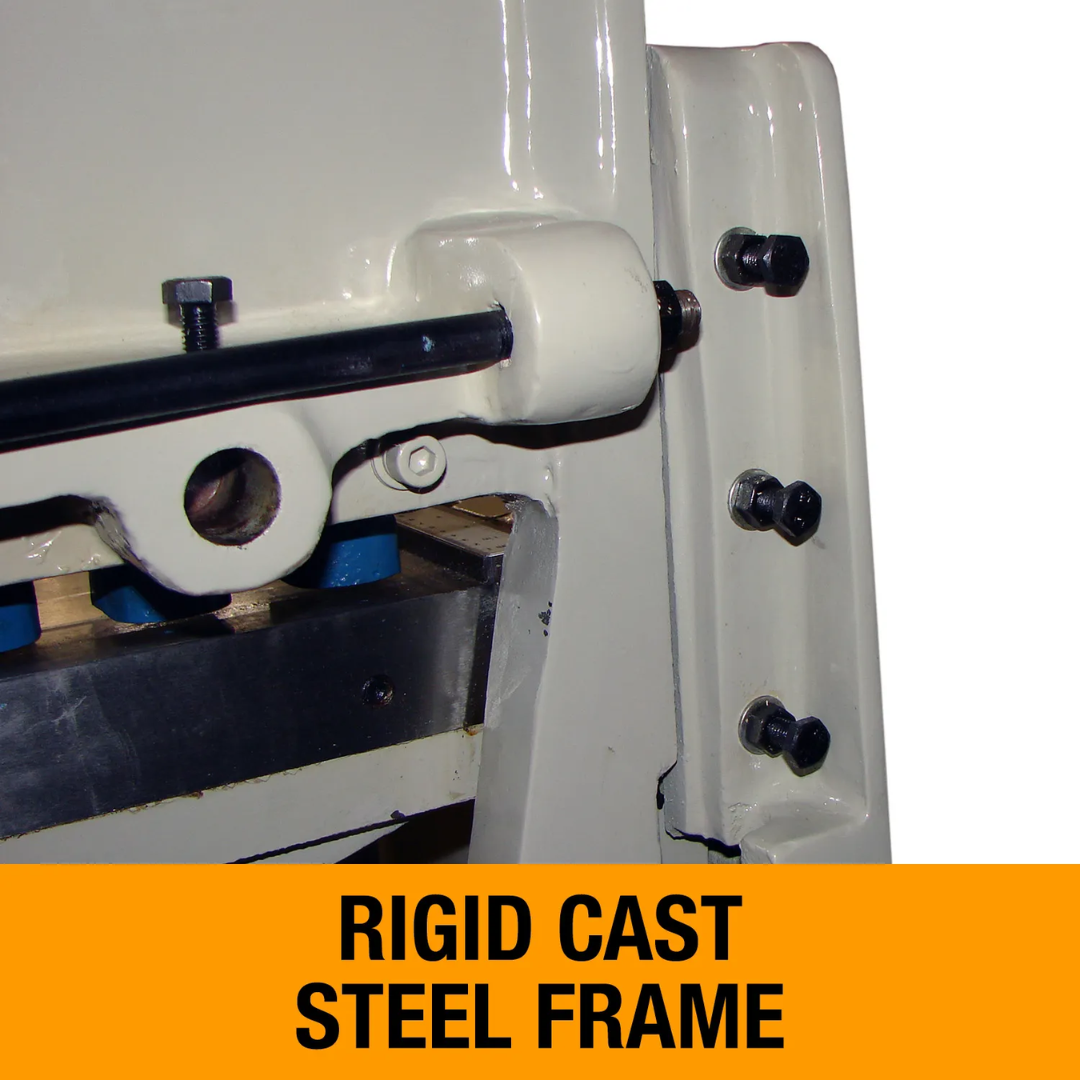 Baileigh 52-Inch Foot Stomp Shear, 16-Gauge Mild Steel (SF-5216E) 1007020 rigid cast steel frame construction providing stability, durability, and reduced flex during heavy-duty shearing applications.