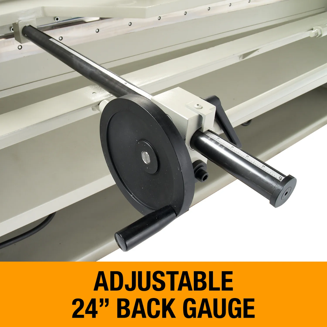 Baileigh 52-Inch Hydraulic Sheet Metal Shear (SH-5214) 1007148 adjustable 24-inch back gauge allowing precise positioning and repeatable production cuts.