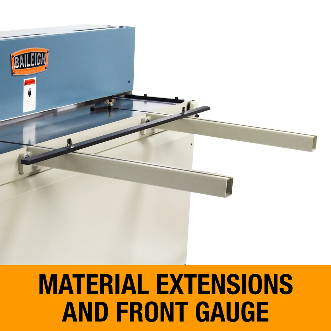 Baileigh 52-Inch Hydraulic Sheet Metal Shear (SH-5214) 1007148 material extension arms and front support system designed for handling large sheet metal workpieces.