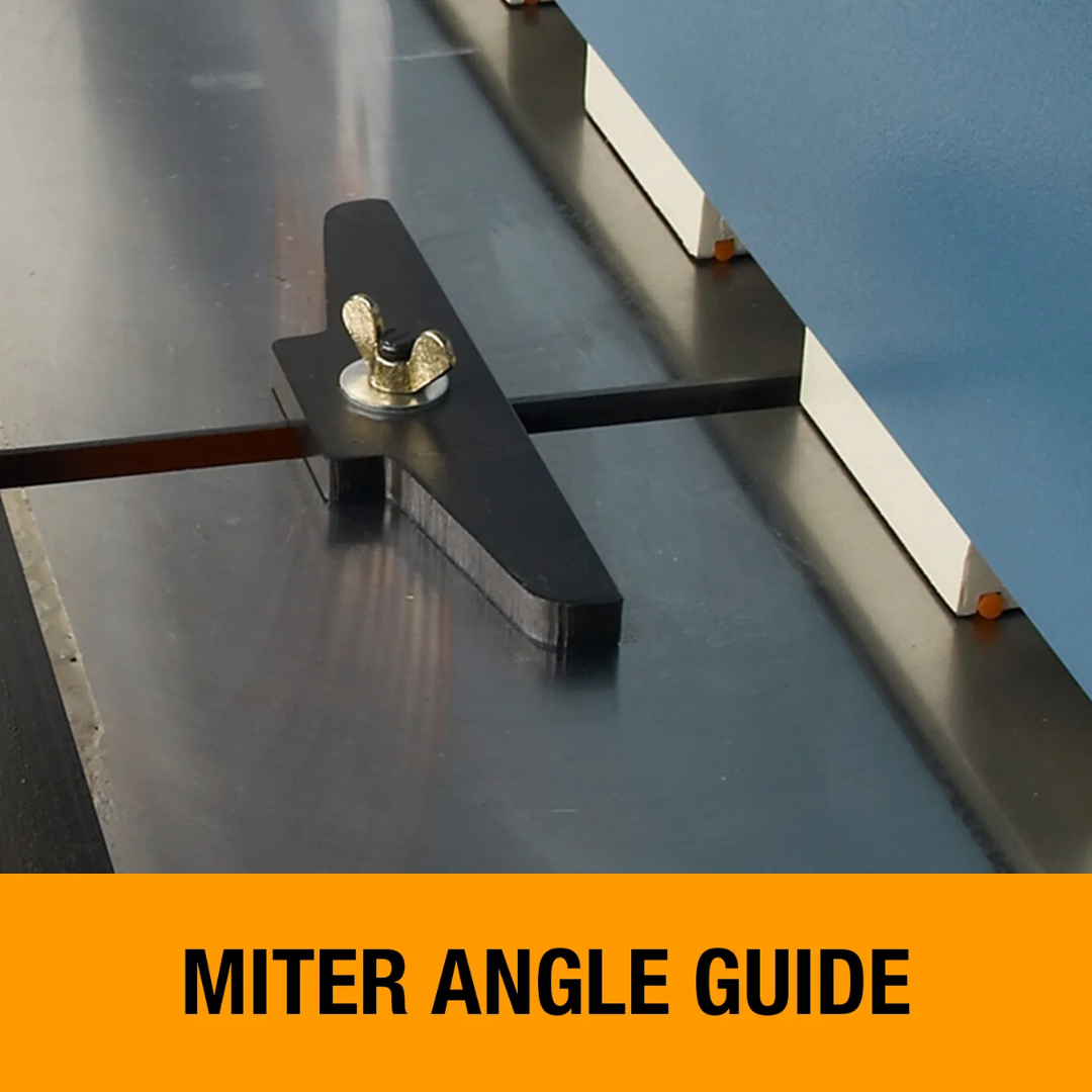 Baileigh 52-Inch Hydraulic Sheet Metal Shear (SH-5214) 1007148 miter angle guide system providing accurate alignment for repeatable sheet metal cutting tasks.